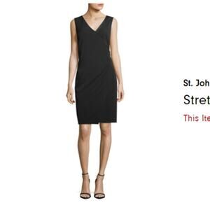 ST. JOHN $1250 Stretch Crepe Wrap Dress with Lamb Leather Trim Black Size 2